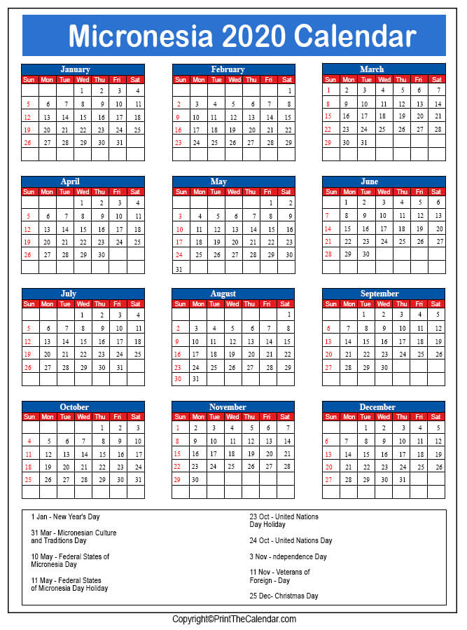 Micronesia Printable Calendar 2020